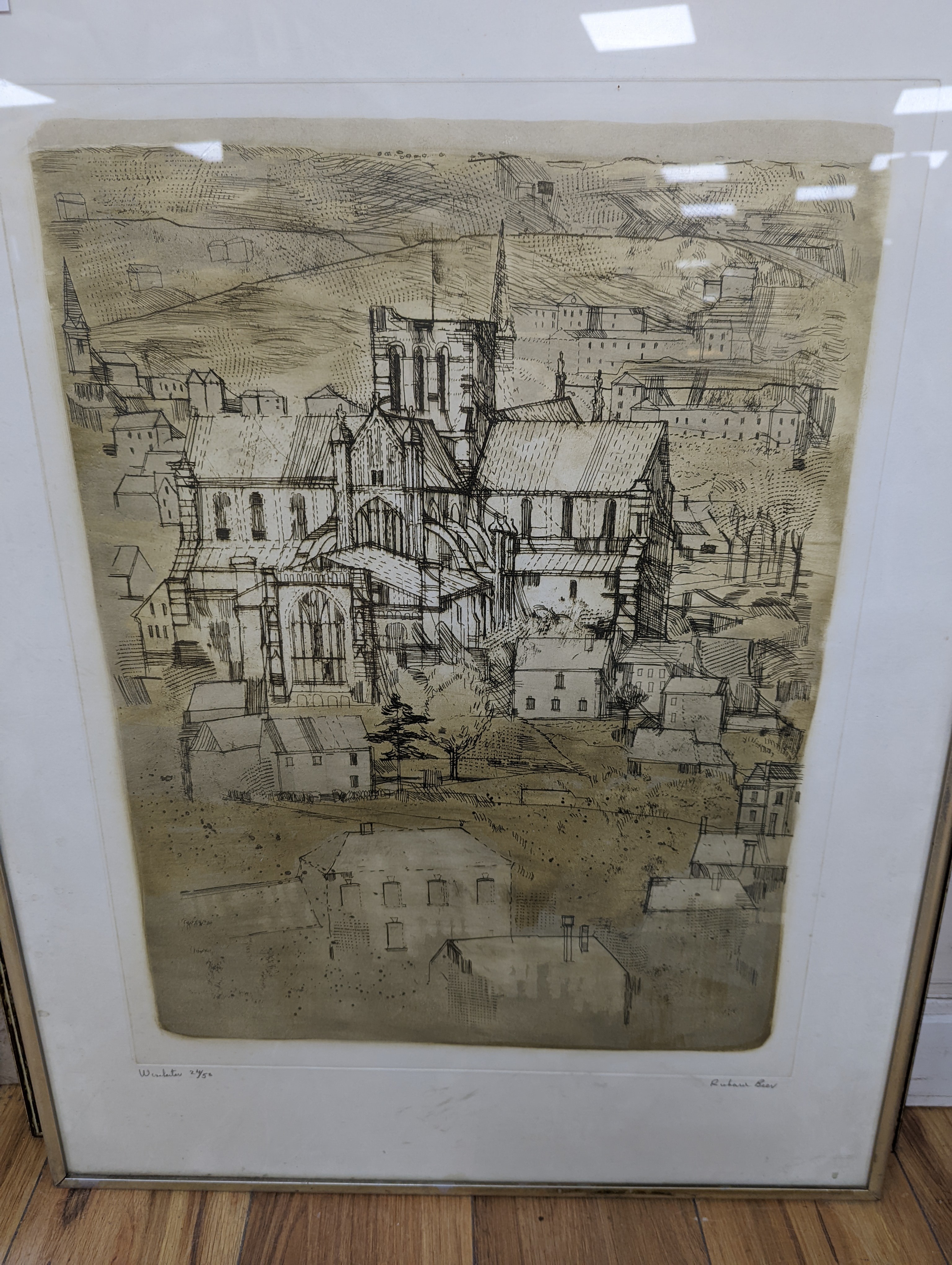 Five assorted pictures including a Richard Beer print and a modern British watercolour signed Mason
